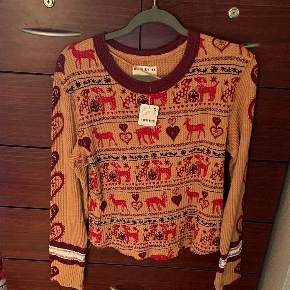 Free People Red and Tan Patterned Sweater